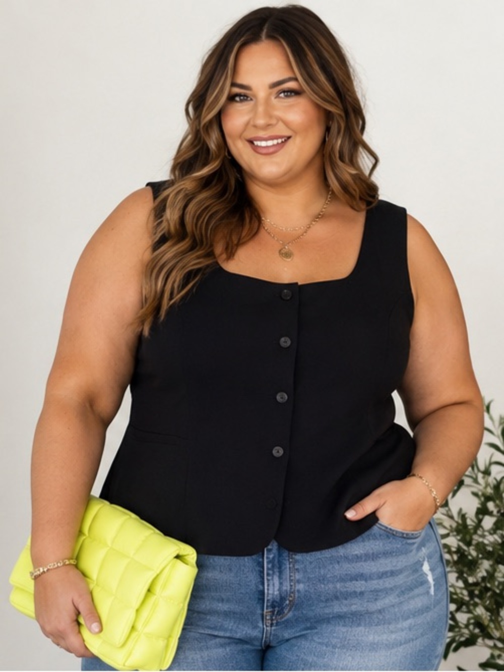 J.Crew Scoop Neck Button Front Vest Black Plus Size 22 NWT